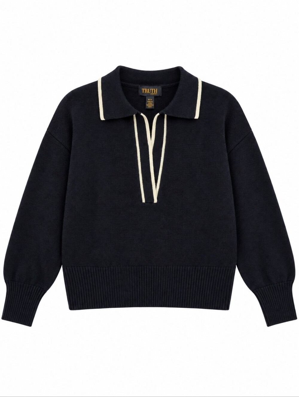 Truth By Republic Navy Knit Polo Sweater with Contrast Trim